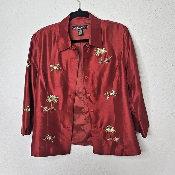 Silkland‎ Maroon Red Silk Blazer Womens 10 Embroidered Tropical Monkey - Picture 1 of 9